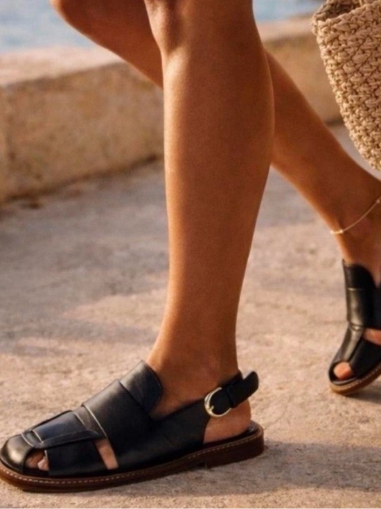 Free People Shoes - Free People Libby Black Leather Slingback Fisherman Sandals Coastal Summer